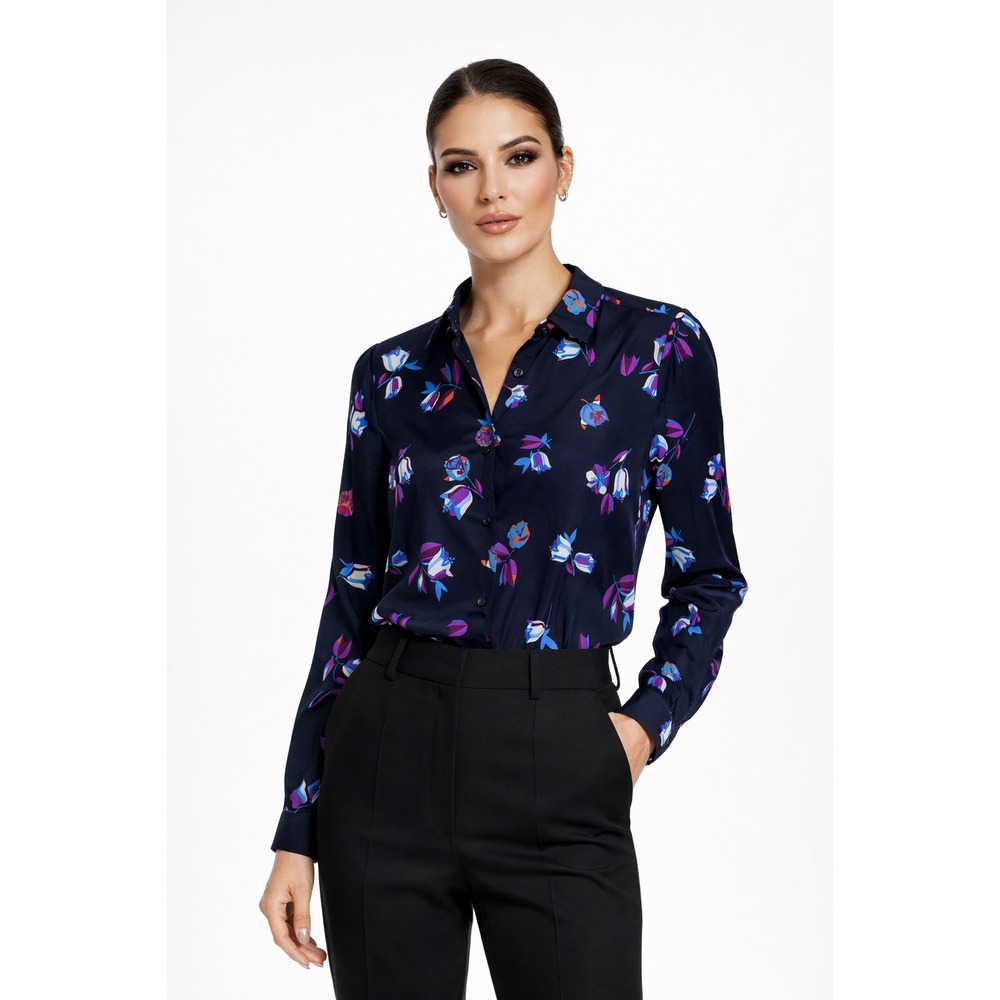 Rebecca Taylor Bellflower Silk Navy Blue Floral Button Down Blouse Size 6